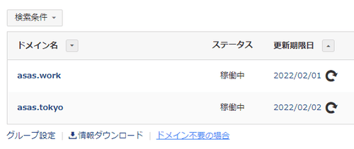 使う予定のないドメイン。 asas.work と asas.tokyo の 2 つ。